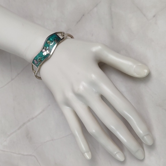 Vintage Alpaca Silver Turquoise/Abalone Inlay Hinged Bracelet - Picture 2 of 9
